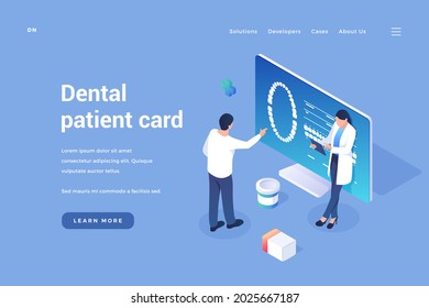 Personal digital card of patient dentistry. Dentists look at clients dental pictures in online document. Protected account with medical health data. Vector home page isometric template