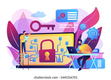 Personal digital security. Defence, protection from hackers, scammers. Data breaches, data leakage prevention, encryption for databases concept. Bright vibrant violet vector isolated illustration