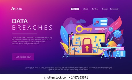 Persönliche digitale Sicherheit. Verteidigung, Schutz vor Hackern, Betrüger. Datenverletzungen, Datenleckage-Vermeidung, Verschlüsselung für das Datenbankkonzept. Website Startseite Landing Web Page Template.