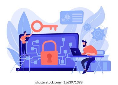 Personal digital security. Defence, protection from hackers, scammers. Data breaches, data leakage prevention, encryption for databases concept. Pinkish coral bluevector isolated illustration