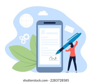 Personal digital signature. Woman sign electronic document on smartphone screen. Data security, agreement or business contract recent vector scene