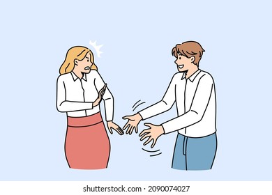 Personal Distance And Boundaries Concept. Smiling Positive Man Worker Standing Trying To Touch Female Colleague With Stressed Face And Pushing Him Hands Vector Illustration 