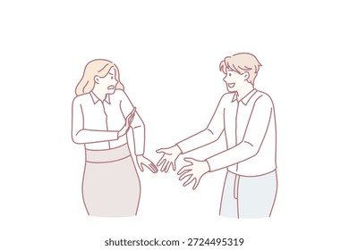 Distancia personal y concepto de límites. Sonriente hombre positivo trabajador de pie tratando de tocar a una colega con la cara estresada y empujándole las manos Ilustración vectorial