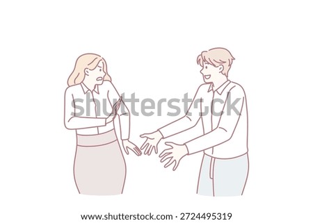 Personal distance and boundaries concept. Smiling positive man worker standing trying to touch female colleague with stressed face and pushing him hands vector illustration