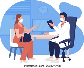 Personal doctor appointment 2D vector isolated illustration. Visit professional health facility flat characters on cartoon background. Getting treatment plan for symptoms, conditions colourful scene