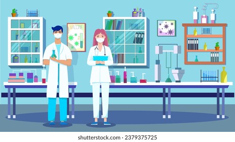 Personal Doctors Couple. Scientists Young Man and Woman conducting research in a lab, interior of science laboratory. Vaccine Development. Vector flat Illustration