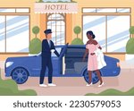 Personal driver hiring service flat color vector illustration. Elegant lady in luxury dress sitting in car. Fully editable 2D simple cartoon characters with hotel exterior design on background