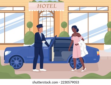 Personal driver hiring service flat color vector illustration. Elegant lady in luxury dress sitting in car. Fully editable 2D simple cartoon characters with hotel exterior design on background