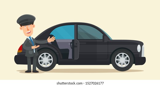 Personal driver invite get in the luxurious car. Premium car - symbol of success. Luxury car rental. Business vector illustration, flat design cartoon style. Isolated background.