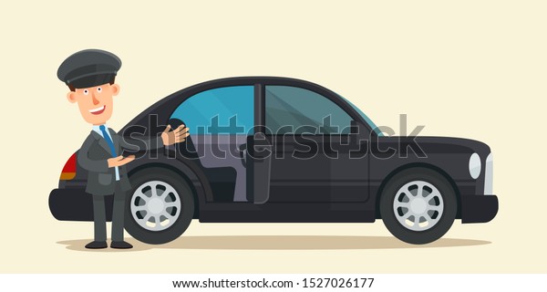 Personal\
driver invite get in the luxurious car. Premium car - symbol of\
success. Luxury car rental. Business vector illustration, flat\
design cartoon style. Isolated\
background.