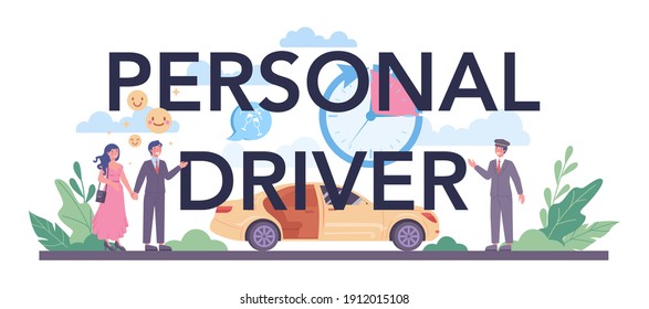 Personal driver typographic header. Automobile cab with driver inside. Drive service. Idea of public city transportation. Isolated flat vector illustration