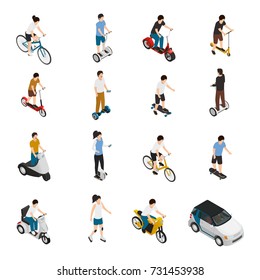 Personal eco friendly transportation isometric set with people riding electric scooter and car bicycle skateboard segway roller segwheel isolated vector illustration