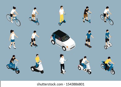 Personal eco green transportation isometric icon set with eco friendly car wheel scooter bike moped vector illustration