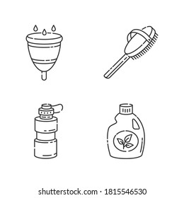 Personal eco products linear icons set. Menstrual cup, bath brush, water bottle and cleaning product customizable thin line contour symbols. Isolated vector outline illustrations. Editable stroke