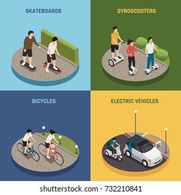 Personal eco transportation 2x2 design concept set of people riding skateboards bicycles gyro scooters electric vehicles square icons isometric vector illustration