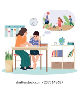 Educación personal Composición plana con profesora y niño soñando con ilustraciones vectoriales de lección final