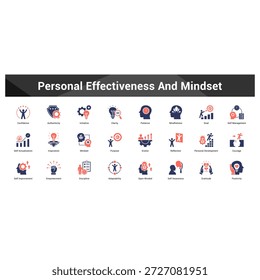 Personal Effectiveness And Mindset Cohesive set of minimalist vector icons representing key ideas with visual clarity