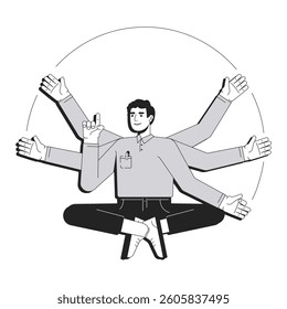 Personal efficiency line conceptual illustration. Employee performance, productivity. Businessman in meditative pose with multiple arms 2D outline character isolated. Linear drawing grayscale vector