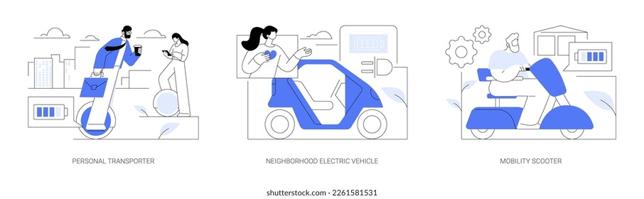 Personal electric transport abstract concept vector illustration set. Personal monowheel transporter, riding neighborhood electric vehicle, disabled person on mobility scooter abstract metaphor.