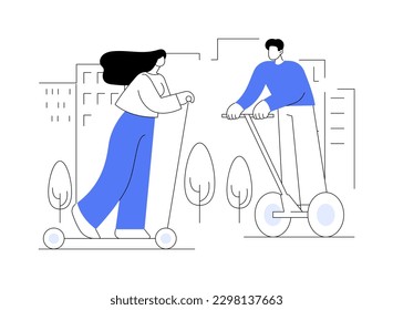 Personal electric transport abstract concept vector illustration. Electric scooter rental, two wheels, portable light vehicle, personal green transport, urban transportation abstract metaphor.