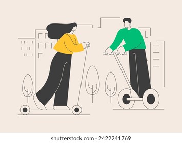 Personal electric transport abstract concept vector illustration. Electric scooter rental, two wheels, portable light vehicle, personal green transport, urban transportation abstract metaphor.