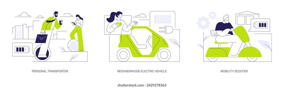 Personal electric transport abstract concept vector illustration set. Personal monowheel transporter, riding neighborhood electric vehicle, disabled person on mobility scooter abstract metaphor.