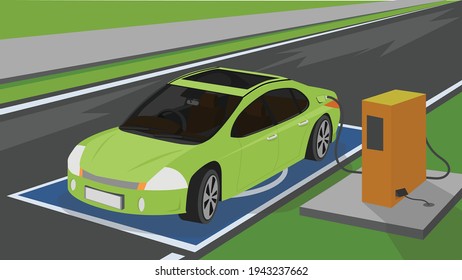 Personal EV-powered cars stop fueling on the roadside. On the spot for recharging blue color. with asphalt road and Cabinet for supplying electrical energy.