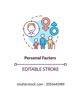 Personal factors concept icon. Purchase decision factor idea thin line illustration. Consumer age and gender. Preferences, motivations. Vector isolated outline RGB color drawing. Editable stroke