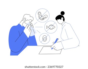 Ilustración vectorial del concepto abstracto de historia médica de alergia personal y familiar. Los pacientes de edad avanzada con alergia hablan con su médico, el sector de la inmunología, la metáfora abstracta de la industria de la medicina.