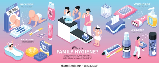 Personal family hygiene poster with baby and women hygiene symbols isometric vector illustration