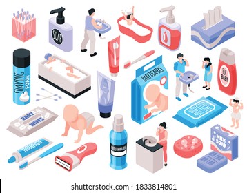 Personal family hygiene set with soap and foam isometric isolated vector illustration