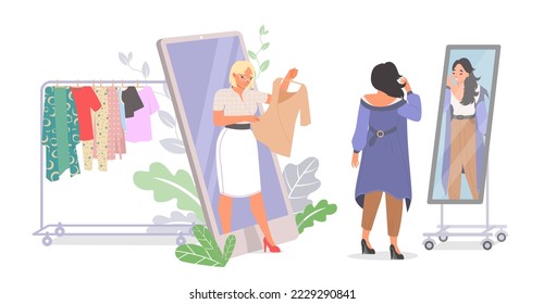 Personal fashion online stylist consulting client via smartphone vector illustration. Professional shopper giving shopping guidance and advice regarding choice new apparel