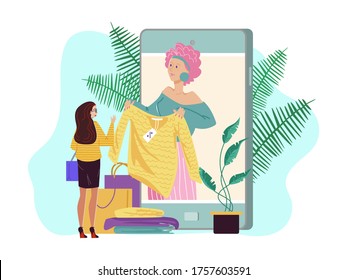 Personal fashion stylist online, vector illustration. Fashion consultant service in large smartphone, woman character design clients wardrobe. Professional shopper help to choose stylish clothes.