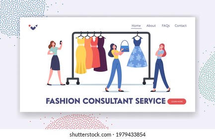 Personal Fashion Stylist Service Landing Page Template. Woman Chatting with Wardrobe Consultant Online via Smartphone. Female Character Choose Stylish Dress in Store. Cartoon Vector Illustration