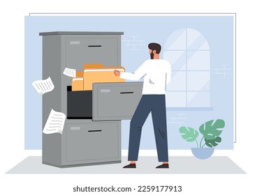 Personal files concept. Man in archive or storage looking for documents, paper work. Employee in office with folders. Systematization and protection of information. Cartoon flat vector illustration