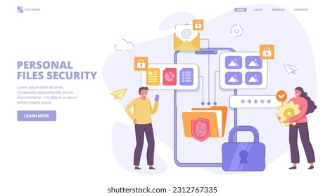 Personal files security, safe file storage, access to files in cloud, encrypted folder. Flat design concept with characters for landing page. Vector illustration for website, banner, landing page.