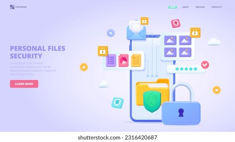 Personal files security, safe file storage, access to files in cloud, encrypted folder. 3d design concept for landing page. Three dimensional vector illustration.
