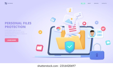 Personal files security, safe file storage, access to files in cloud, encrypted folder. 3d design concept for landing page. Three dimensional vector illustration.