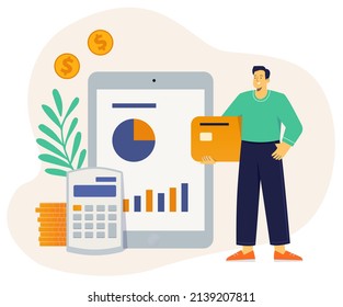 Personal finance accounting concept. Man with card near calculator and finance dashboard charts. Vector flat illustration.