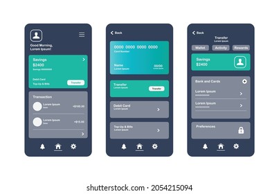 Personal finance app with money transfer, transaction, top-up, debit card. Financial savings set of interface templates. GUI for responsive mobile apps