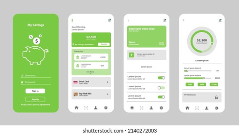 Personal finance app with money transfer, transaction, top-up, debit card. Financial savings set of interface templates. GUI for responsive mobile apps