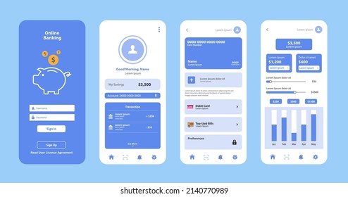 Personal finance app with money transfer, transaction, top-up, debit card. Financial savings set of interface templates. GUI for responsive mobile apps