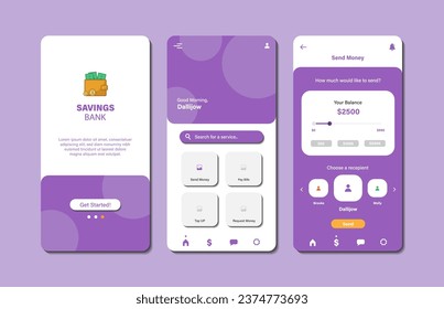 Personal finance app with money transfer, transaction, top-up, pay bills. Financial savings set of interface templates. GUI for responsive mobile apps. Vector illustration