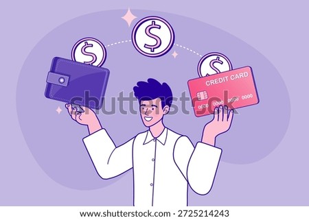 Personal finance and banking vector illustration. Happy man managing his budget, choosing between paying with cash wallet or credit card. Concept of money exchange, loan payment, and digital transaction.