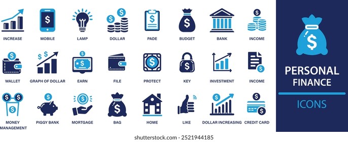 Coleção de conjuntos de ícones sólidos de finanças pessoais. Contendo orçamento, poupança, despesa, receita, imposto, empréstimo, contrato, banco, investimento Ilustração de vetor.