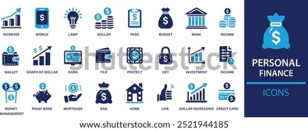 Personal finance best solid icon set collection. Containing budget, savings, expense, income, tax, loan, agreement, banking, investment Vector illustration.