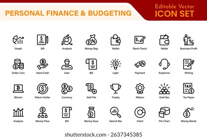 Personal Finance and Budgeting Icons – Modern Minimalist Line Art Vector Illustrations for Budget Planning, Saving, Money Management, and Financial Tools