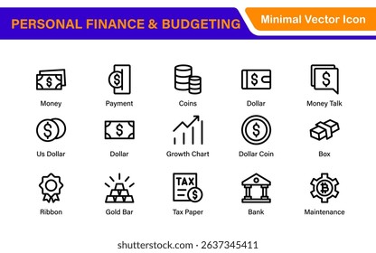 Personal Finance and Budgeting Icons – Modern Minimalist Line Art Vector Illustrations for Budget Planning, Saving, Money Management, and Financial Tools