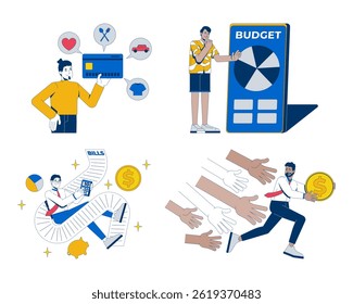 Personal finance challenges and budget 2D illustration concepts set. Credit spending, bills, financial struggle cartoon characters isolated on white. Flat abstract vector metaphor collection