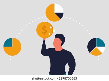 Personal finance and competent budget and money planning. The distribution of all payments is reasonable and wise. Accounting business man. A man holds a coin and plans finances. Vector illustration